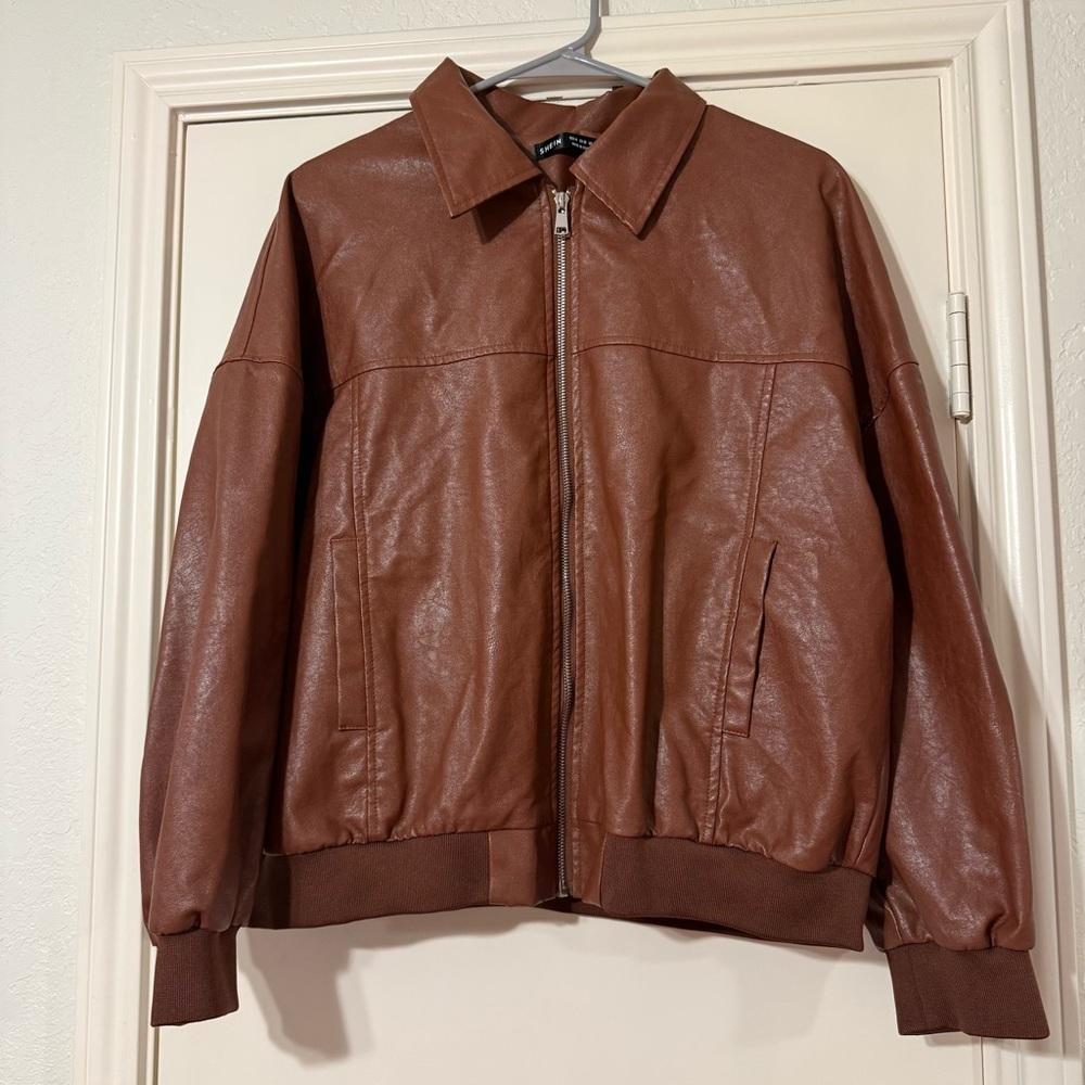 shein brown faux leather bomber jacket